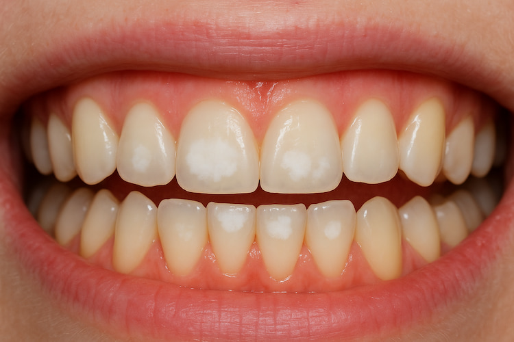 What Does a Cavity Look Like? White spots on teeth, showing early stages of cavities.