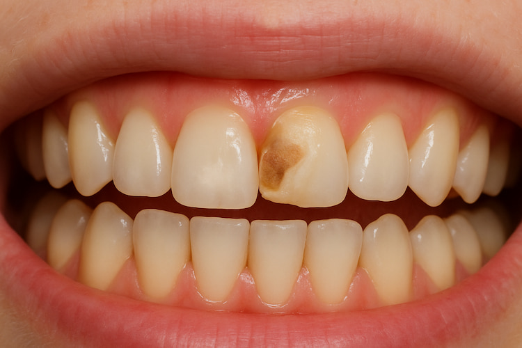 How do cavities look like? teeth that one of them has a decayed enamel.