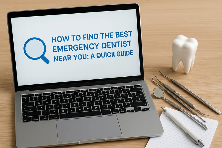 a picture of a laptop that has "find the best emergency dentist near you" written on the screen