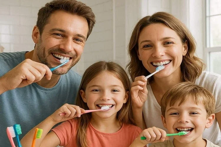 A picture of  family brushing their teeth, presenting it is important to take care after having a dental bridge