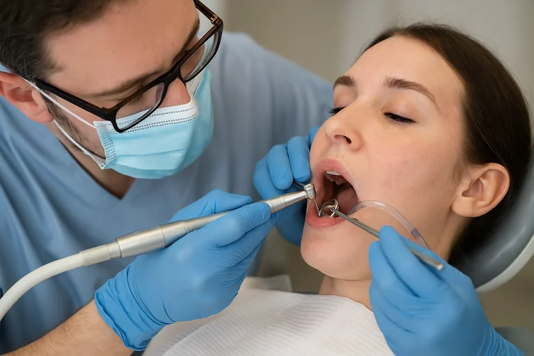 A picture of a dentist and a patient in the process of root canal procedure