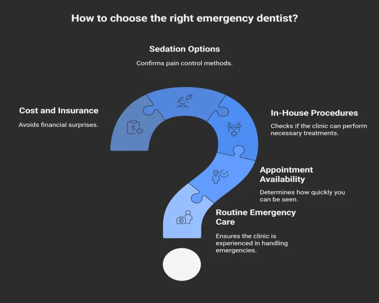 infographic image to help people ask key questions in case of finding an emergency dentist