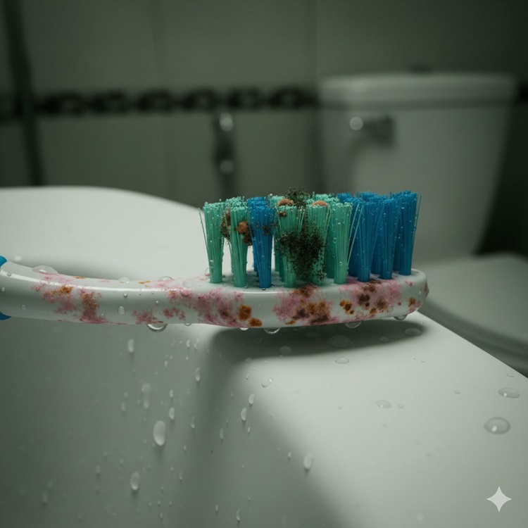 A toothbrush kept in a wet place or too close to the toilet