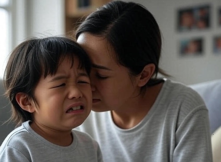 a mother talking to her child about her tooth pain