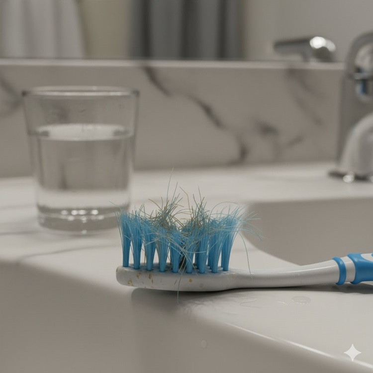 a toothbrush with Worn or separated bristles