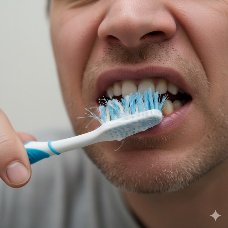 a person is brushing with a toothbrush with bacteria on it