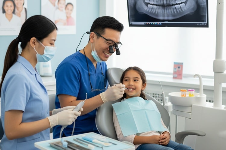 a kid who is being visited by a dentist