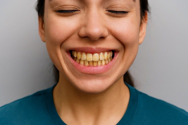 a woman with tooth stain