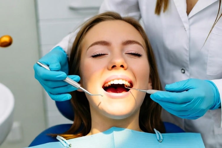 a dentist checking a woman's teeth