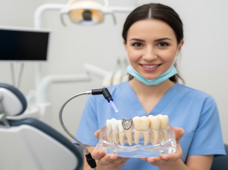 a dentist with dental bonding in hand