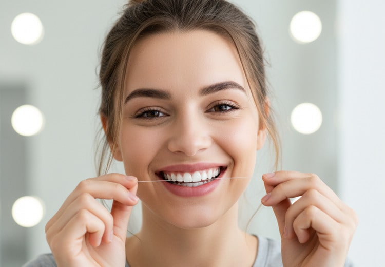 A woman using dental floss to  extend teeth whitening duration