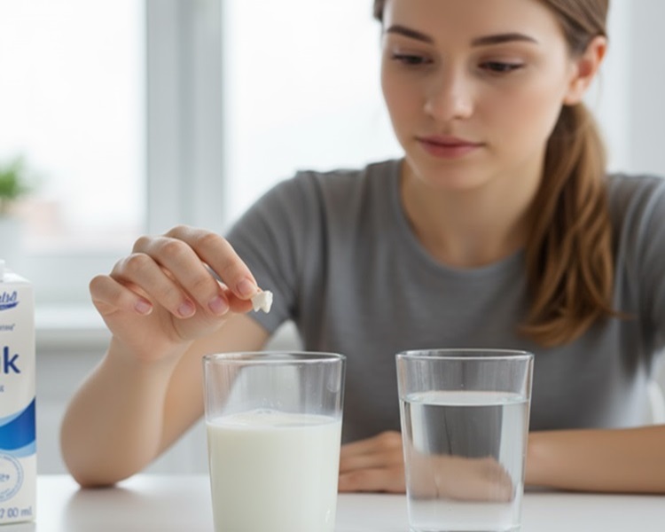 a woman putting cracked tooth in milk